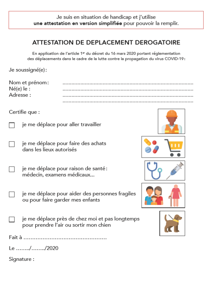 Déplacements réglementés : attestation de déplacement dérogatoire en FALC (Facile à lire et à comprendre)