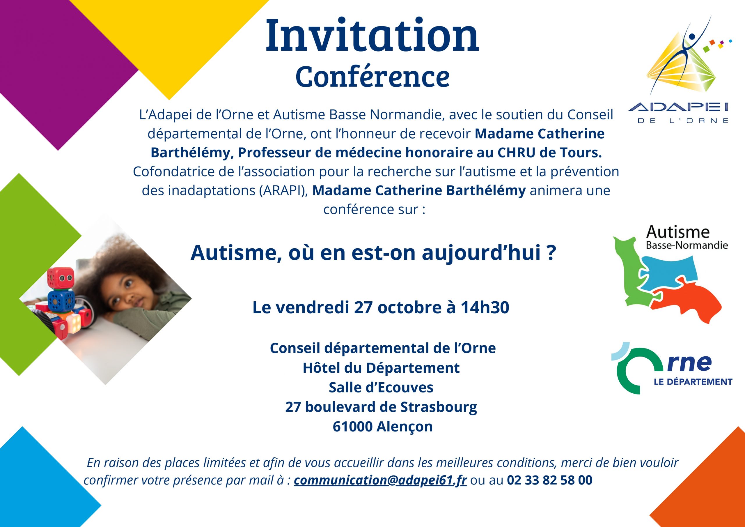 Conférence sur l’autisme animée par Madame le Professeur Catherine Barthélémy, à la salle d’Ecouves du Conseil départemental à Alençon, le 27 octobre prochain